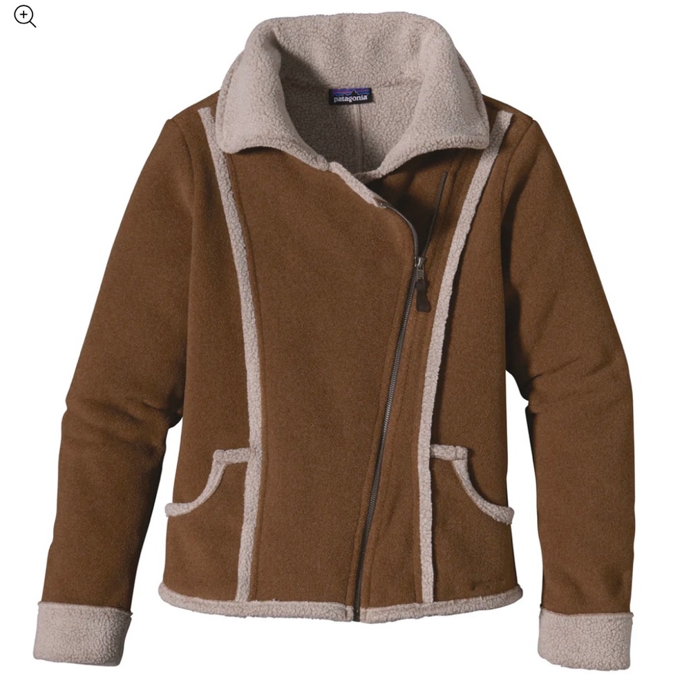 RARE Patagonia Cozy Lost Maples Faux Sherpa Moto Jacket Coat Tan Brown Medium
